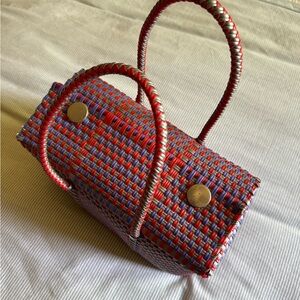 Woven Plastic Multicolor Handbag - Red & Purple